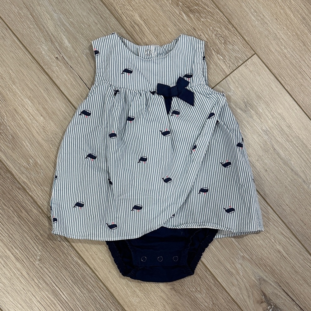 Navy and White Striped Baby Dress with Bow